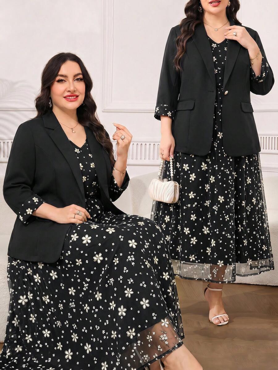 Clasi Set sa sakoom i haljinom sa cvetnim dezenom, plus size