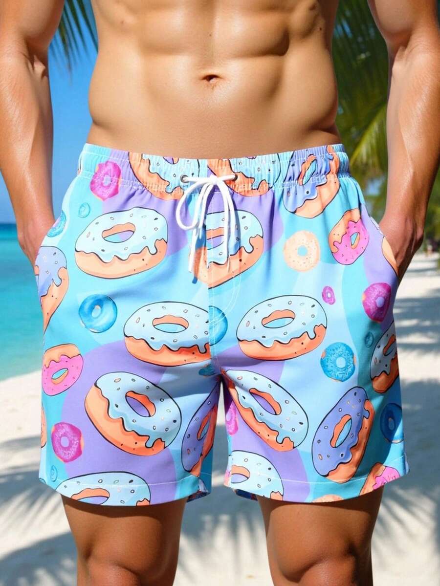 Muški šorts za plažu za plivanje sa printom krofni, havajski stil, za odmor