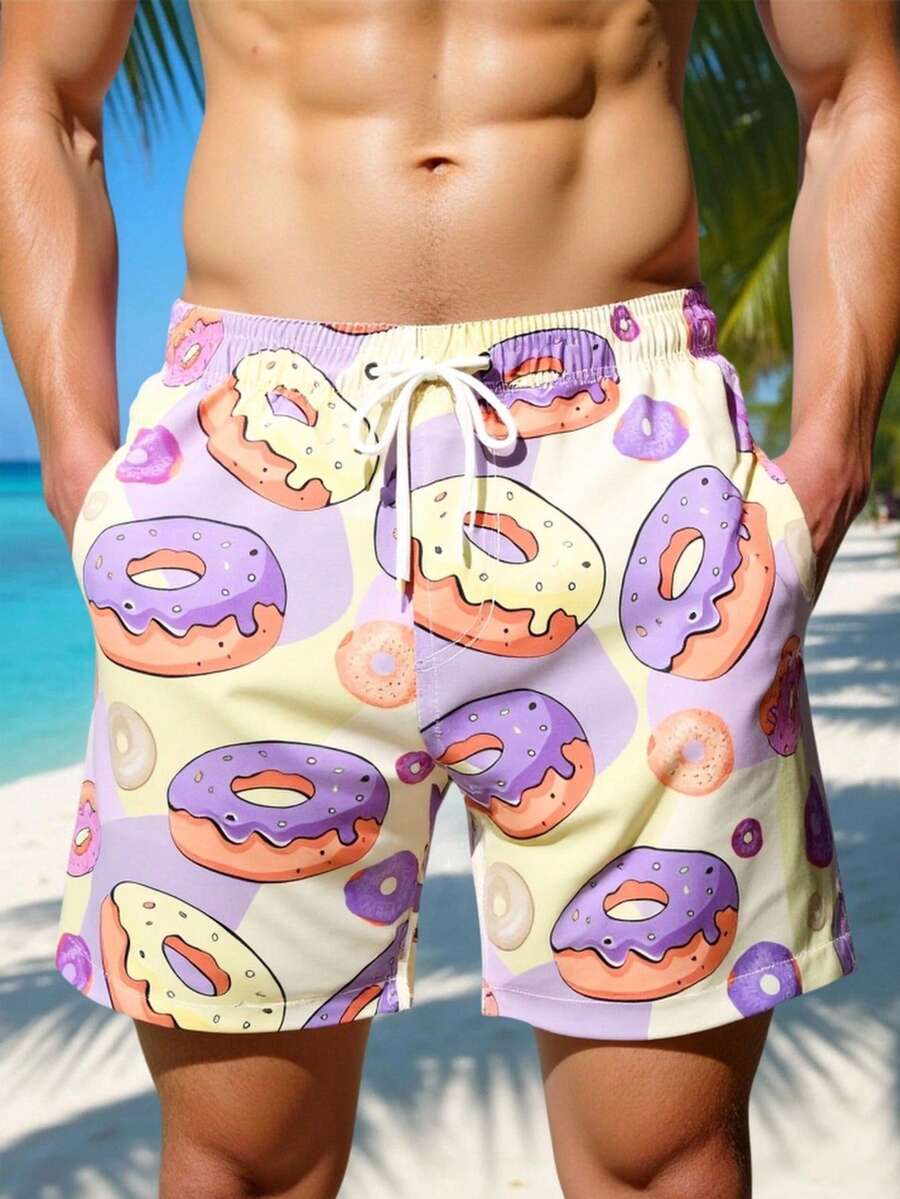Muški šorts za plažu za plivanje sa printom krofni, havajski stil, za odmor