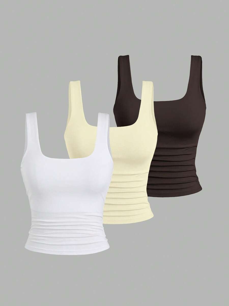 Sweetra Ženska Letnja Majica – Kvadratni Izrez, Nabran Slim Fit Casual Top