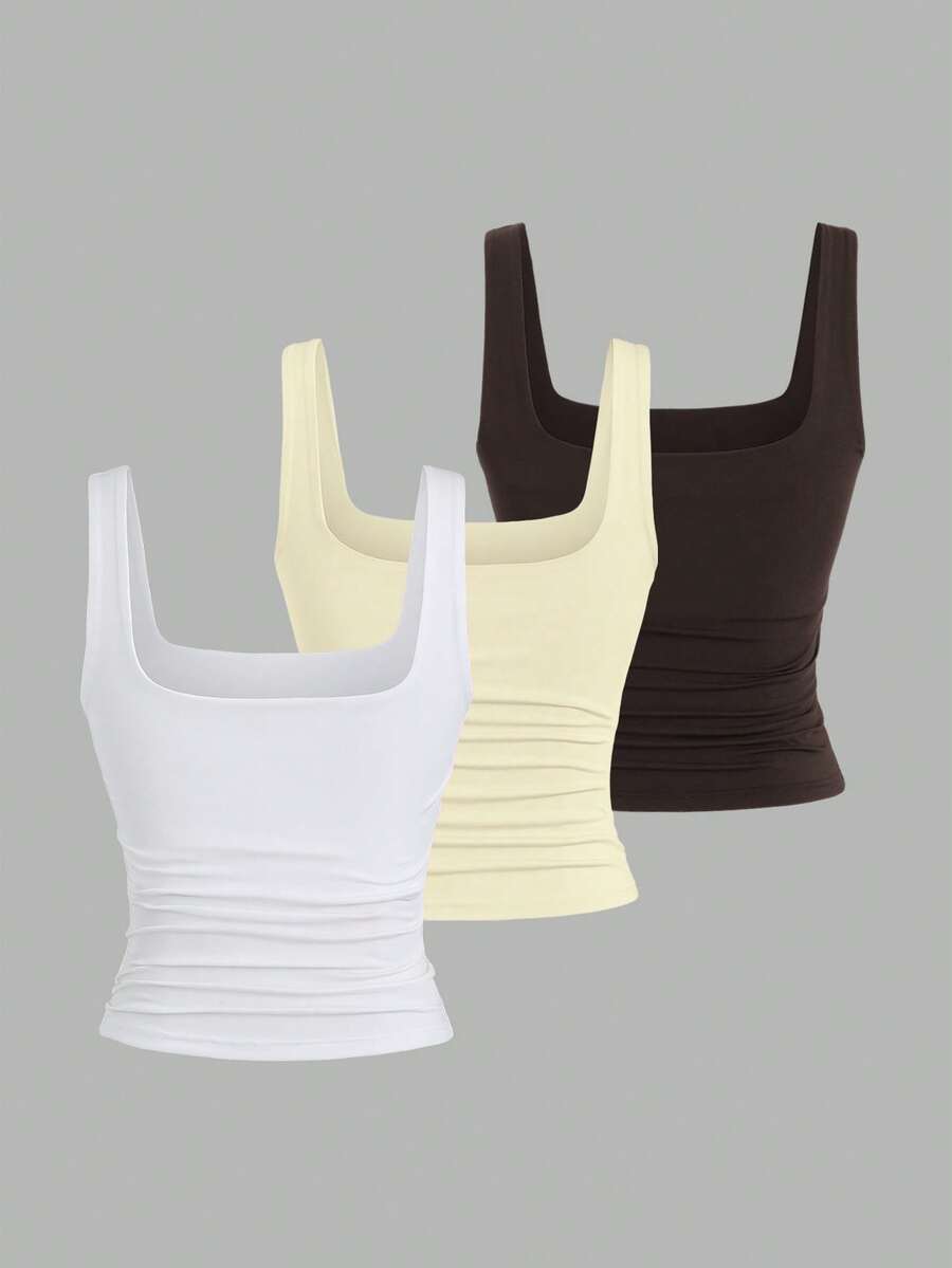 Sweetra Ženska Letnja Majica – Kvadratni Izrez, Nabran Slim Fit Casual Top