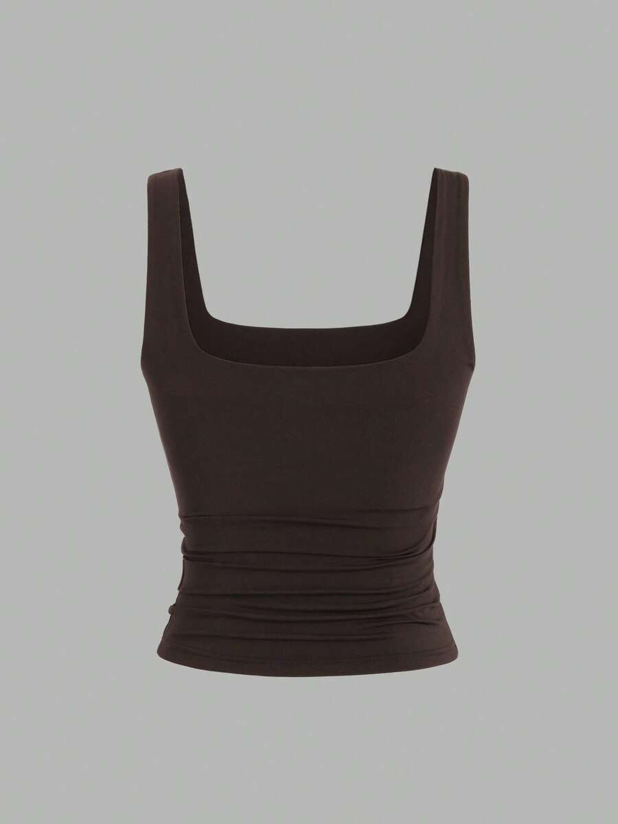 Sweetra Ženska Letnja Majica – Kvadratni Izrez, Nabran Slim Fit Casual Top