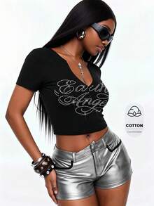 Vadaroq Women's Summer Streetwear Chic Daily Wearnumber Rhinestone Stretchy Dark Black Bustier Notched T-Shirt