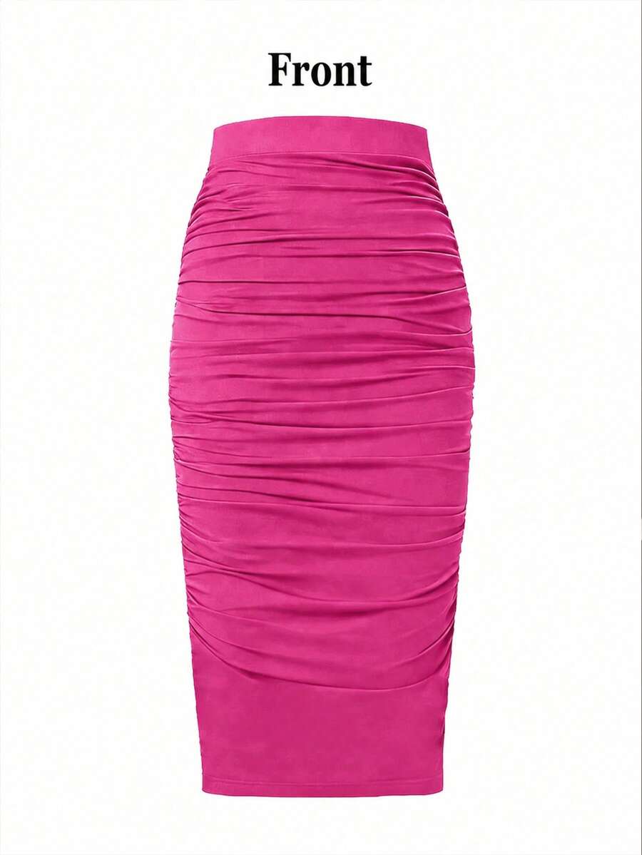 Ženska uska bodycon suknja jednobojna sa nabranim detaljima, seksi