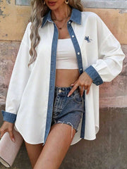 Women's Casual White & Blue Denim Patchwork Long Sleeve Button-Down Shirt, Embroidered Design, Button Front, Women's Shirt, Fun Shirt