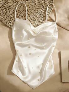 SHEIN Franclia Sexy Fashion Plunging Neck Beaded Loose Knit Satin Asymmetric Hem Minimalist Camisole For Commute, Party, Date