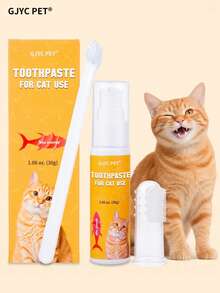 GJYC PET 1 Set 3pcs Cat Dental Care Kit - Removes Bad Breath, Includes Tuna Flavored Cat Toothpaste, Cat Toothbrush And Cat Finger Brush, Comprehensive Oral Care, Keeps Fresh Breath And Healthy Teeth, Weight 1.06oz
