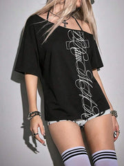 ROMWE Grunge Punk Women's Asymmetrical Shoulder Cross Neck T-Shirt