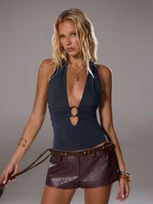 TRNVIE Women's V-Neck Halter Sleeveless Top, Casual & Comfortable, Deep Grey, Summer