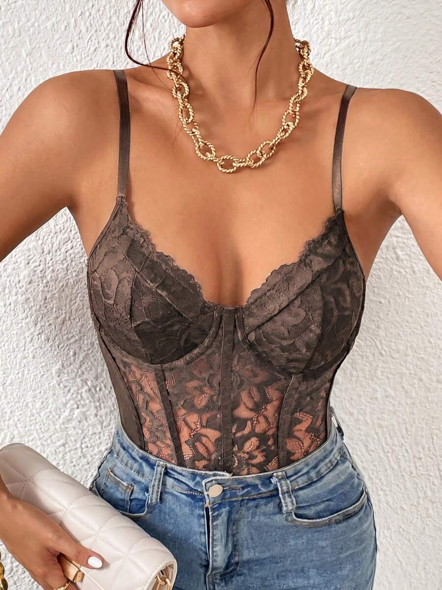 Seksi šik bodi u francuskom stilu, čipkani providni mrežasti materijal sa žicom