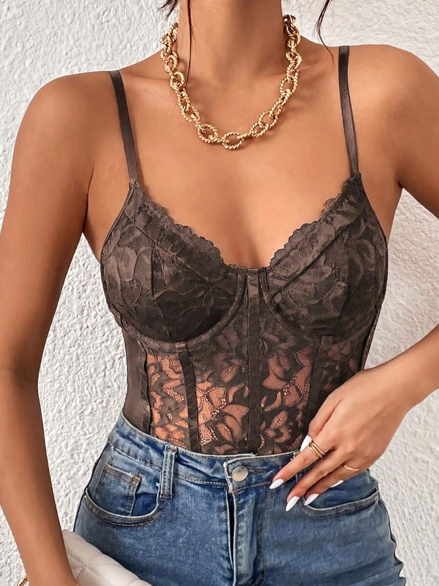 Seksi šik bodi u francuskom stilu, čipkani providni mrežasti materijal sa žicom