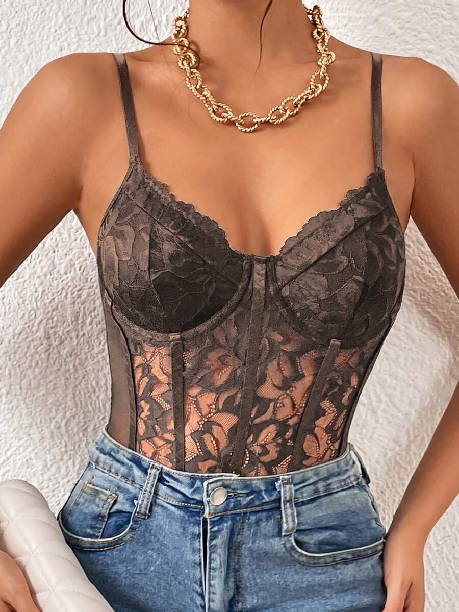 Seksi šik bodi u francuskom stilu, čipkani providni mrežasti materijal sa žicom