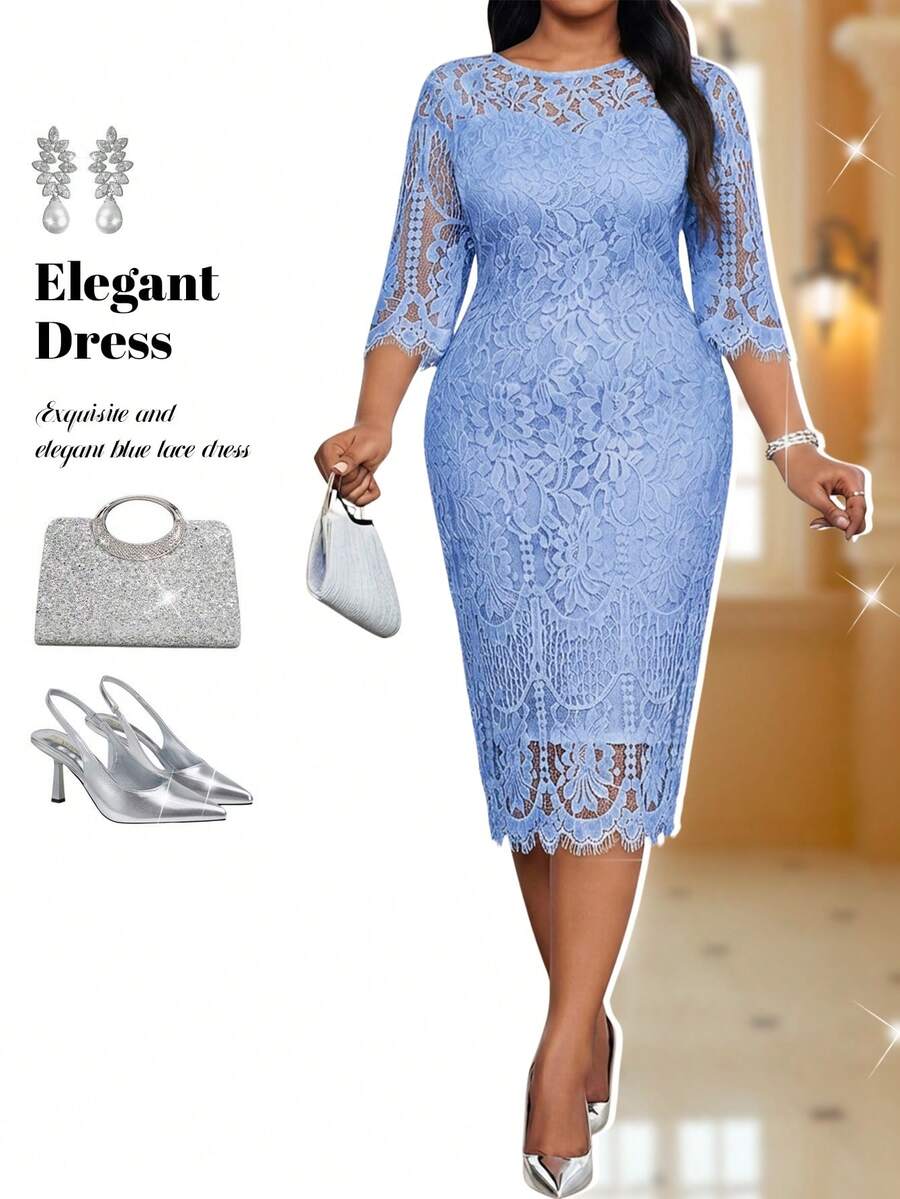 Elegantna crna midi haljina od čipke za žene, plus size, sa 3/4 rukavima