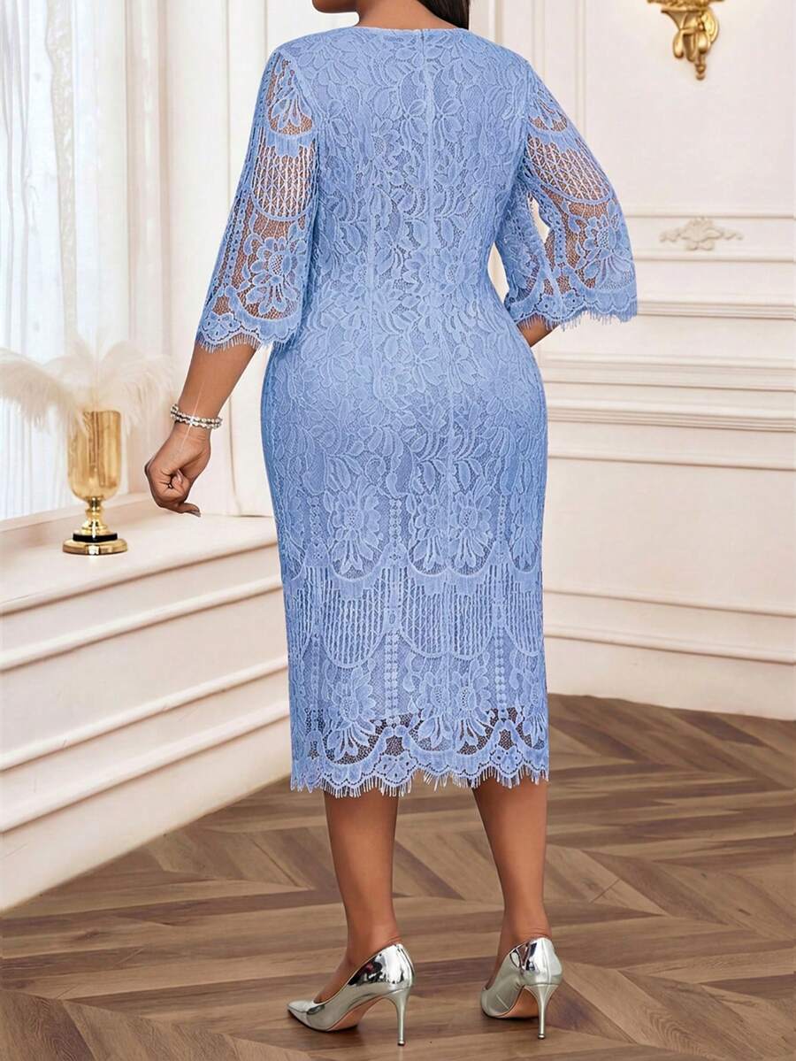 Elegantna crna midi haljina od čipke za žene, plus size, sa 3/4 rukavima