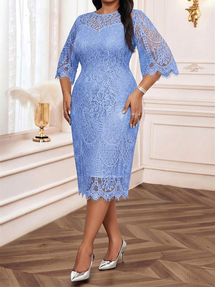 Elegantna crna midi haljina od čipke za žene, plus size, sa 3/4 rukavima