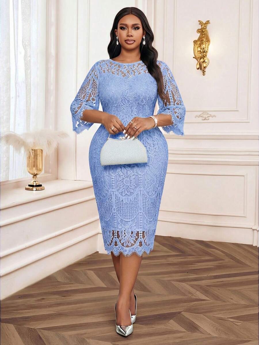 Elegantna crna midi haljina od čipke za žene, plus size, sa 3/4 rukavima
