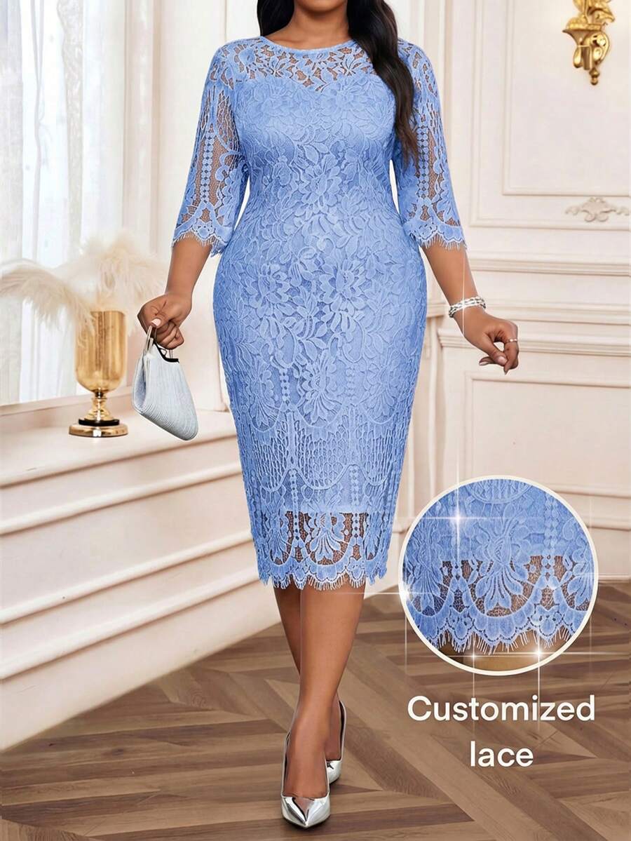 Elegantna crna midi haljina od čipke za žene, plus size, sa 3/4 rukavima