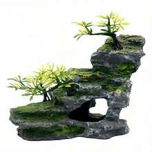 Resin Aquarium Rock Landscape Decor Fish Tank Cave Hiding Spot With Pavilion, Artificial Plants, Moss, Suitable For Small Tropical Shrimp Breeding