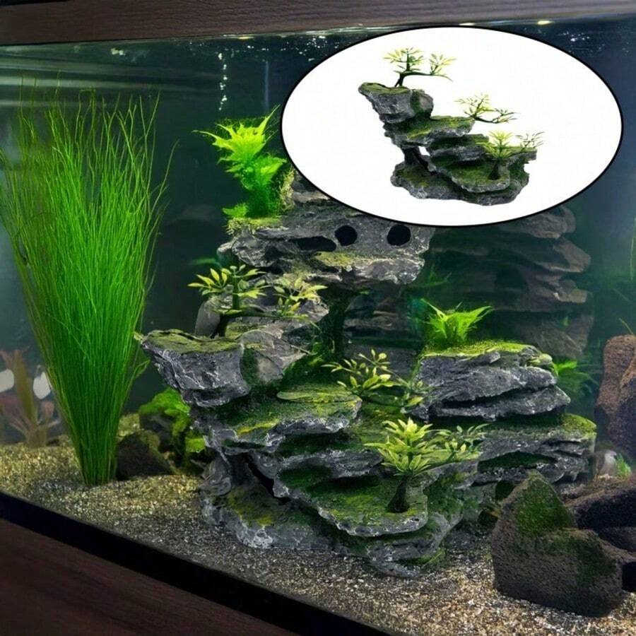 Resin Aquarium Rock Landscape Decor Fish Tank Cave Hiding Spot With Pavilion, Artificial Plants, Moss, Suitable For Small Tropical Shrimp Breeding