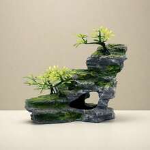Resin Aquarium Rock Landscape Decor Fish Tank Cave Hiding Spot With Pavilion, Artificial Plants, Moss, Suitable For Small Tropical Shrimp Breeding