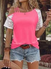 EMERY ROSE Vacation Casual Color-Block Lace Patchwork Asymmetric Neck T-Shirt