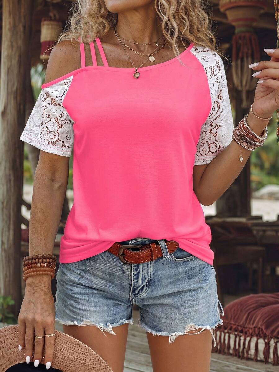 EMERY ROSE Vacation Casual Color-Block Lace Patchwork Asymmetric Neck T-Shirt