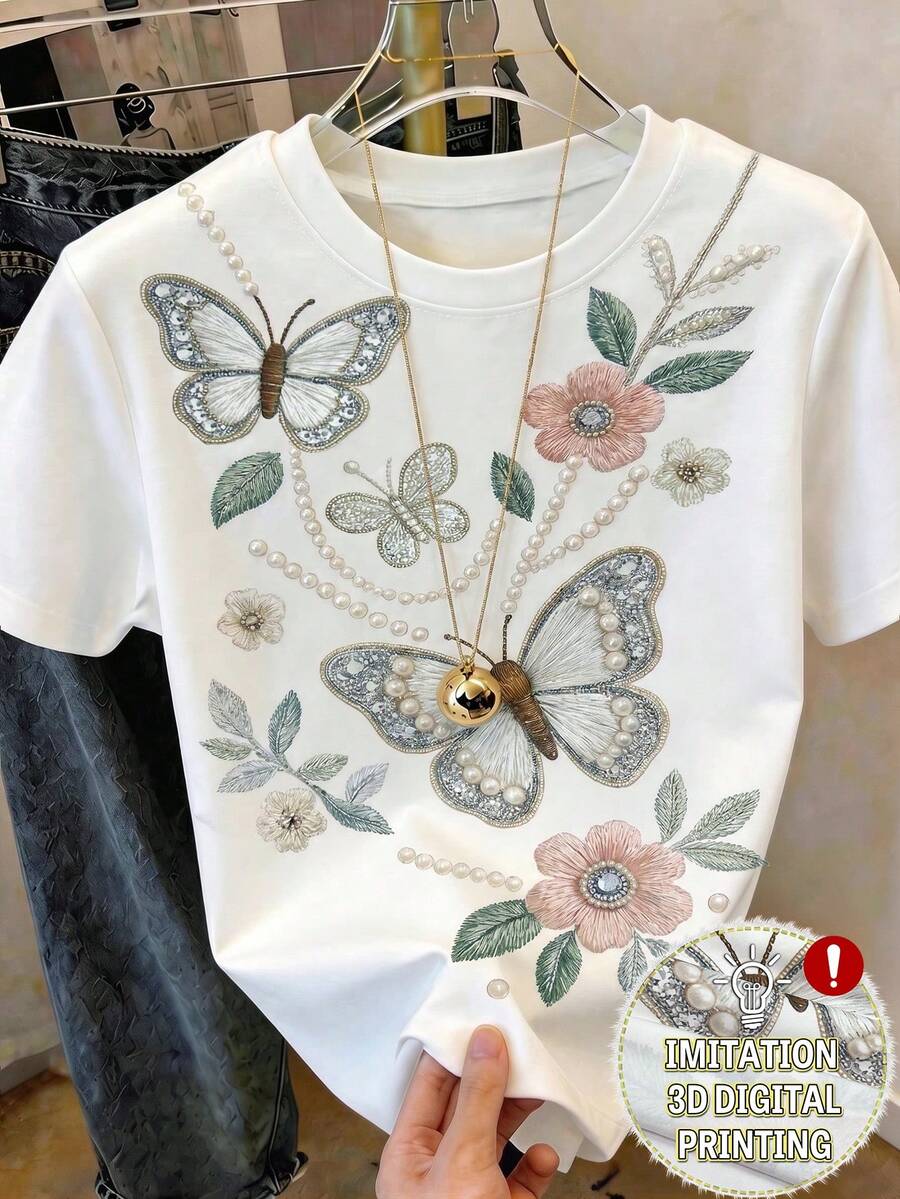 Bela i Srebrna Elegantna Letnja Bela Majica sa Kratkim Rukavima