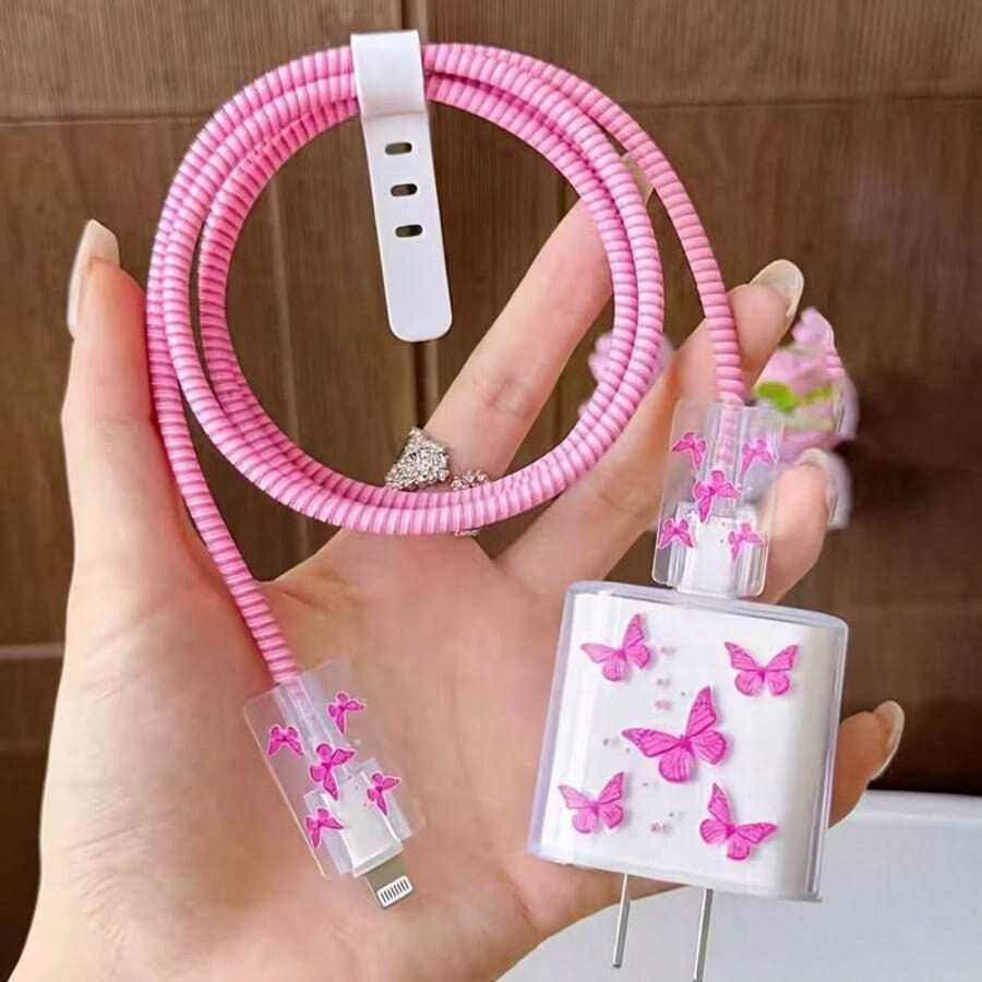 5 komada ružičastih TPU zaštitnih navlaka za kabl za punjenje u obliku srca/lepete/cveta/ljubičastog srca mačke, kompatibilno sa Apple 18/20W punjačima