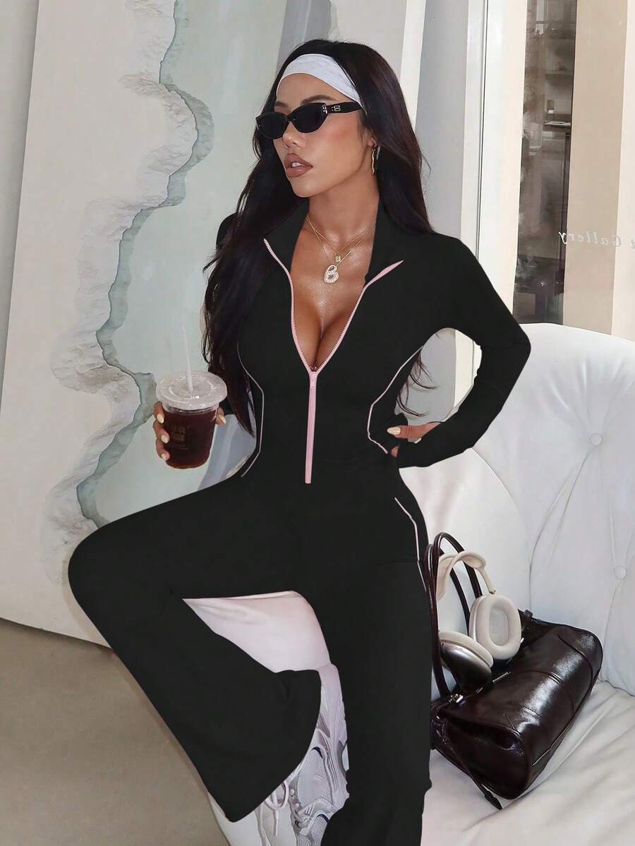 Ženski sportski set od 2 komada  jakna sa kontrastnim prugama i pantalone sa visokim strukom