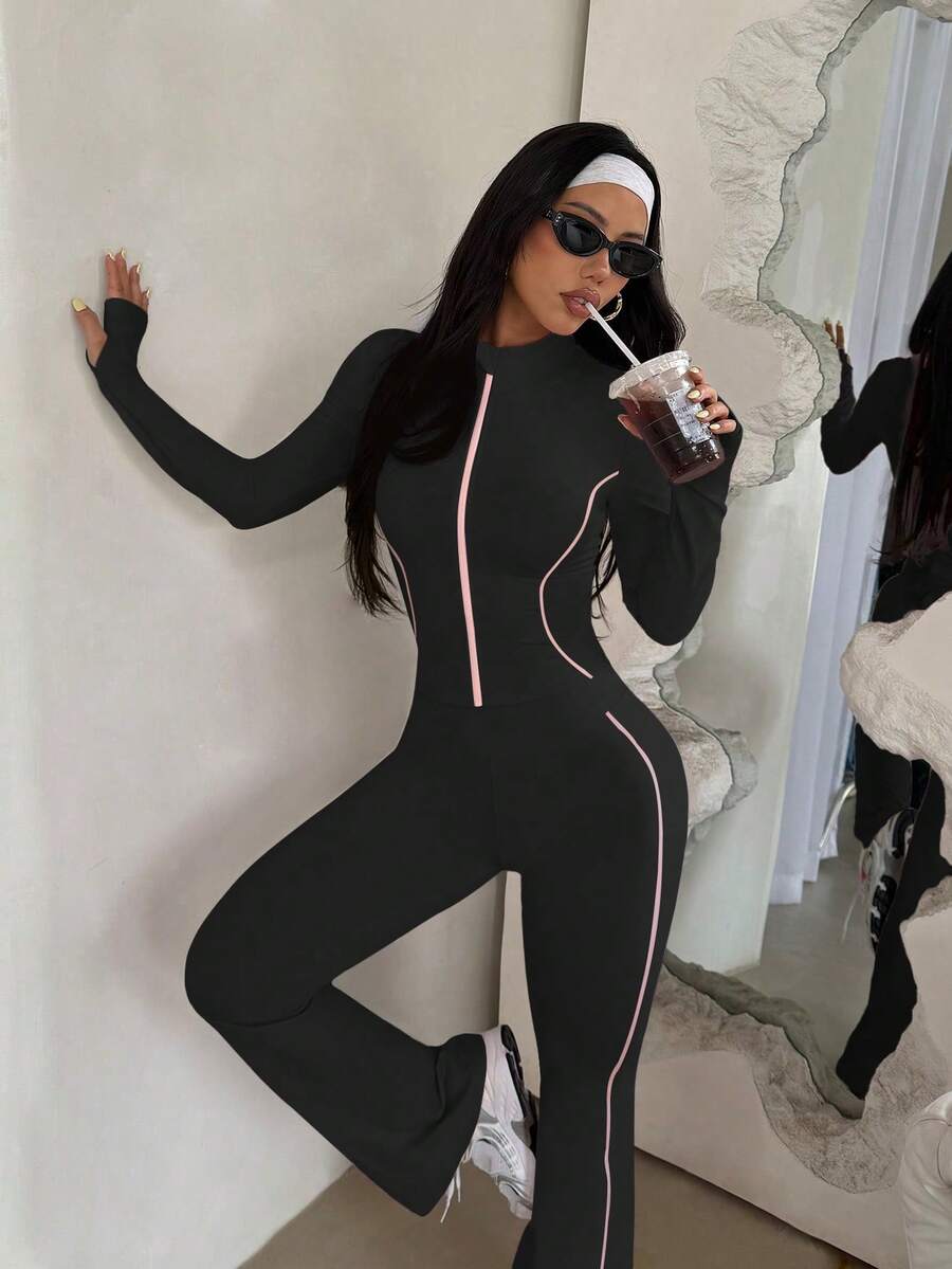 Ženski sportski set od 2 komada  jakna sa kontrastnim prugama i pantalone sa visokim strukom