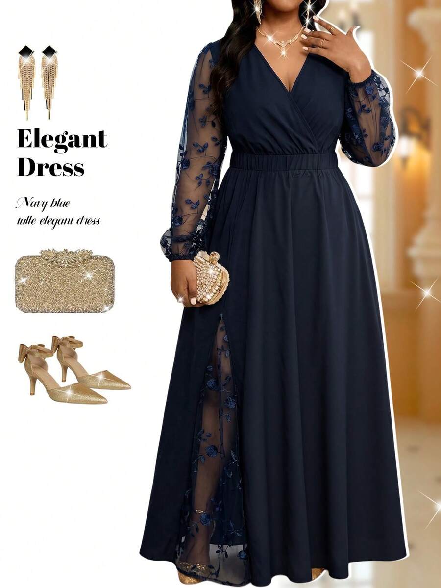 Elegantna haljina , plus size, sa vezom i mrežastim detaljima