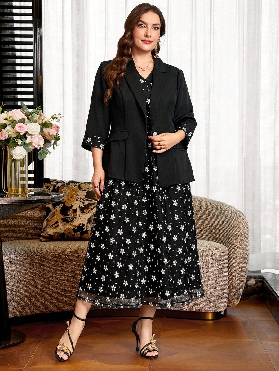 Clasi Set sa sakoom i haljinom sa cvetnim dezenom, plus size