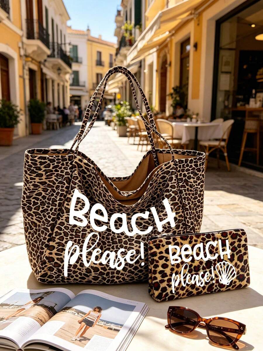 Velika torba za plažu sa leopard printom, sa printom BEACH