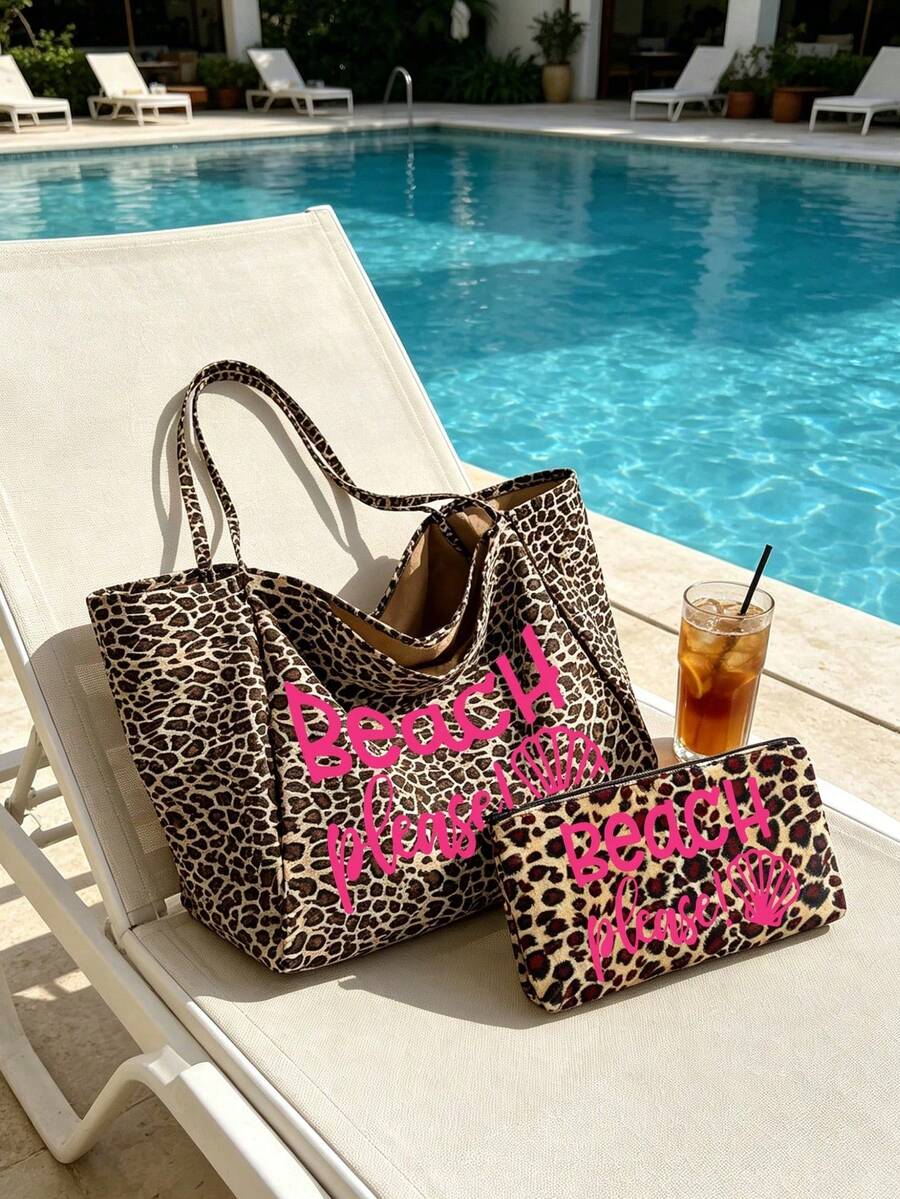 Velika torba za plažu sa leopard printom, sa printom BEACH