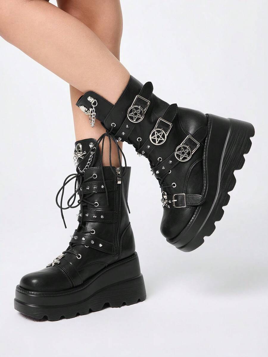 ROMWE Grunge Punk Ženske čizme u pank stilu, tamne PU platforme