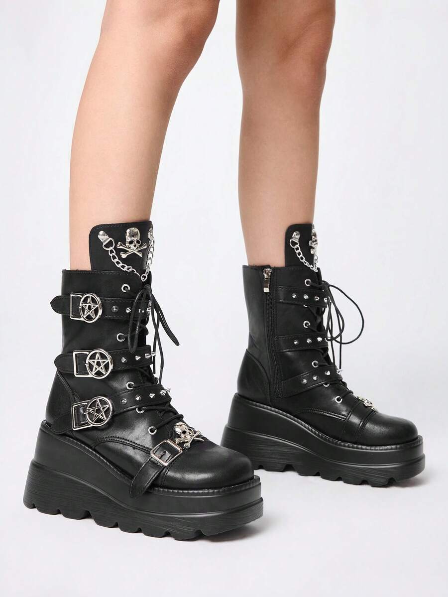 ROMWE Grunge Punk Ženske čizme u pank stilu, tamne PU platforme