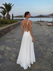 Firerie Women's Elegant White Backless Dress,Gorgeous Beach Holiday Vacation Summer Dresses,Open Back Style For Wedding,Party,Dinner Special Occasion Holiday