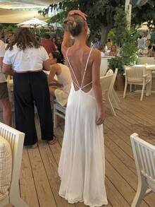 Firerie Women's Elegant White Backless Dress,Gorgeous Beach Holiday Vacation Summer Dresses,Open Back Style For Wedding,Party,Dinner Special Occasion Holiday