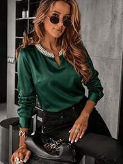 Women's Notched Collar Pearl Decor Long Sleeve Polyester Regular Fit Blouse