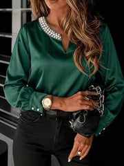 Women's Notched Collar Pearl Decor Long Sleeve Polyester Regular Fit Blouse