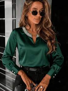 Women's Notched Collar Pearl Decor Long Sleeve Polyester Regular Fit Blouse