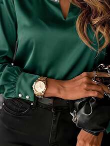 Women's Notched Collar Pearl Decor Long Sleeve Polyester Regular Fit Blouse