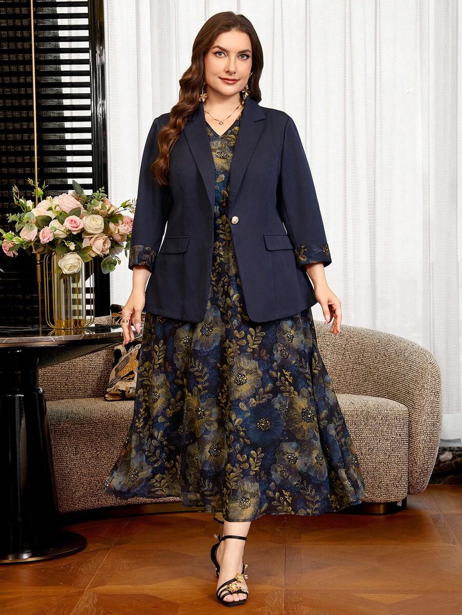 Clasi Set sa sakoom i haljinom sa cvetnim dezenom, plus size