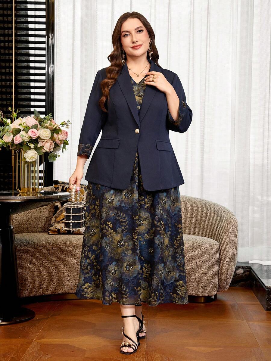 Clasi Set sa sakoom i haljinom sa cvetnim dezenom, plus size