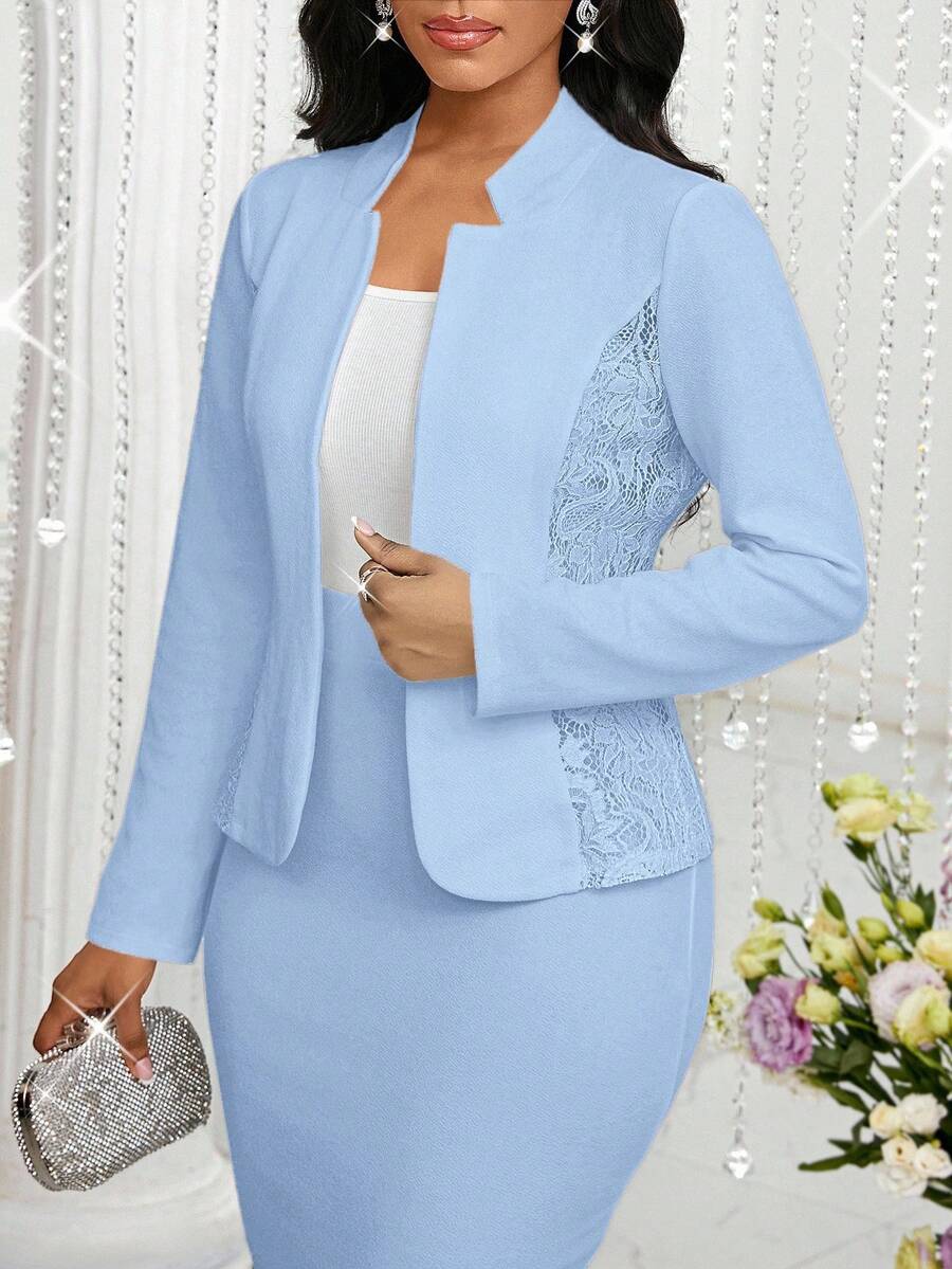 Ženski elegantni poslovno-ležerni komplet za posao u jednoj boji sa čipkastim detaljima