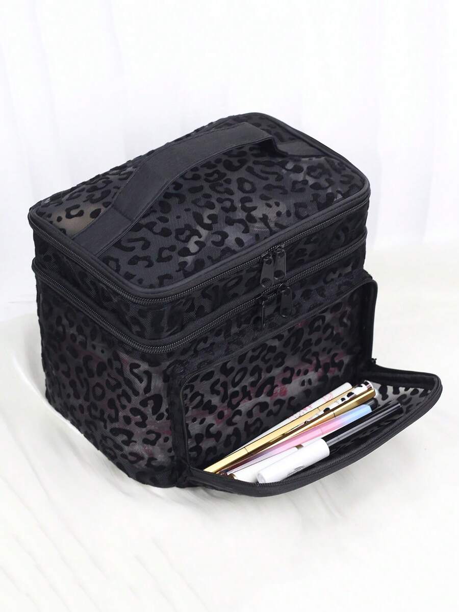 Crna minimalistička modna mrežasta torba za šminku sa leopard printom, veliki kapacitet
