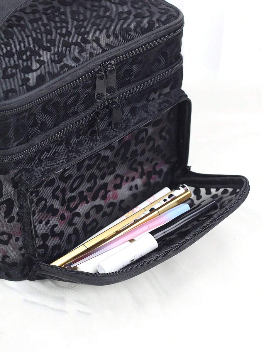 Crna minimalistička modna mrežasta torba za šminku sa leopard printom, veliki kapacitet
