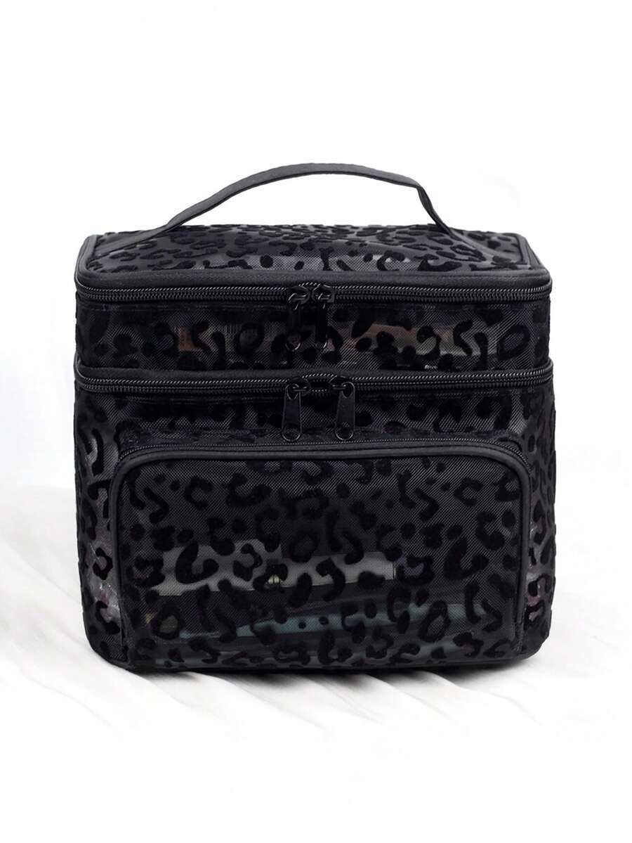 Crna minimalistička modna mrežasta torba za šminku sa leopard printom, veliki kapacitet