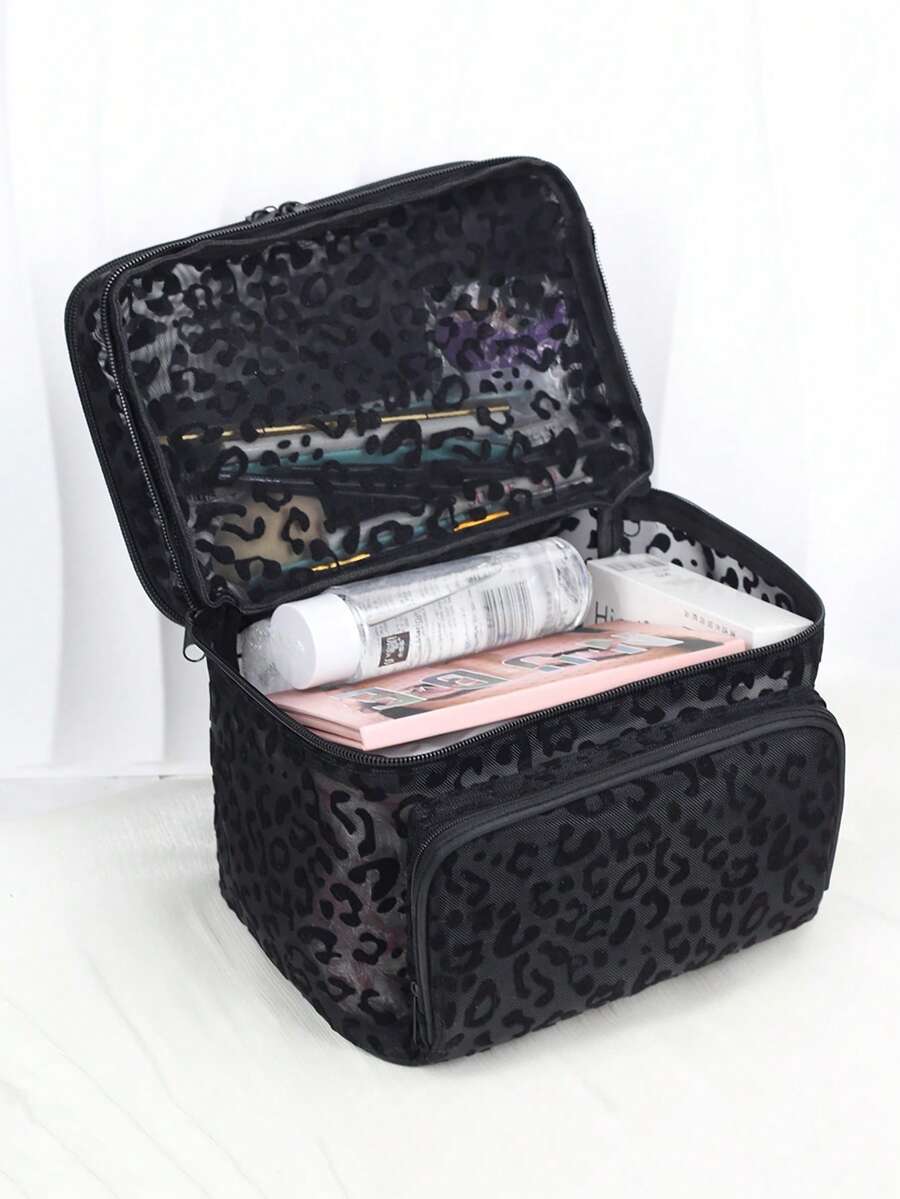 Crna minimalistička modna mrežasta torba za šminku sa leopard printom, veliki kapacitet