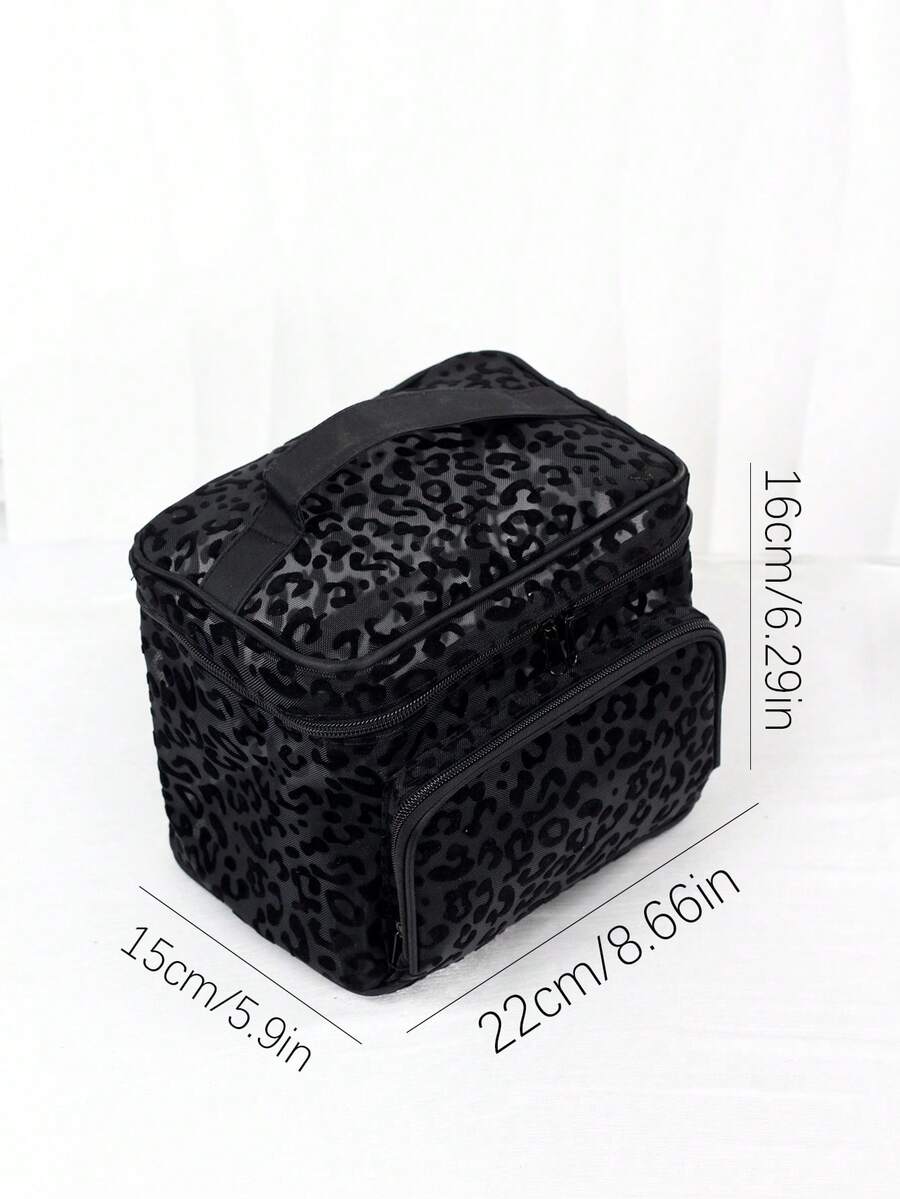 Crna minimalistička modna mrežasta torba za šminku sa leopard printom, veliki kapacitet
